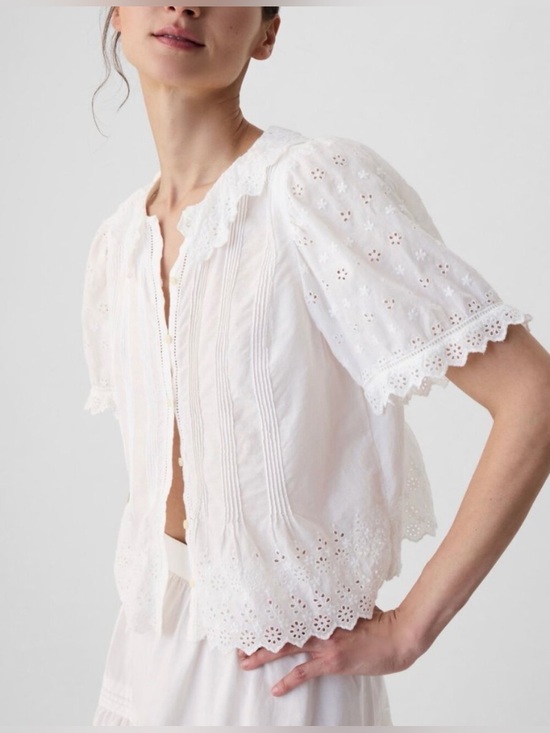 Gap x DOEN Tops - Gap x Doen Cropped Eyelet Shirt XL Cotton Blouse Scalloped Collar Cottagecore